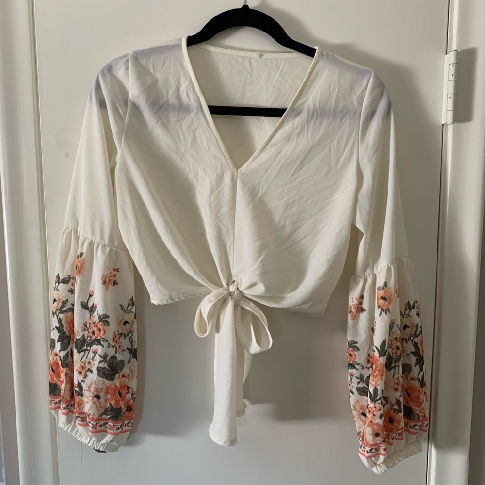 Shein cream pink floral bell sleeve tie front top